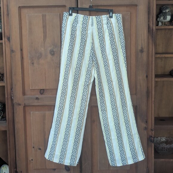 Anthropologie - Embroidered linen Striped Boho Wide Leg High Rise Eyelet Pants - Picture 2 of 9
